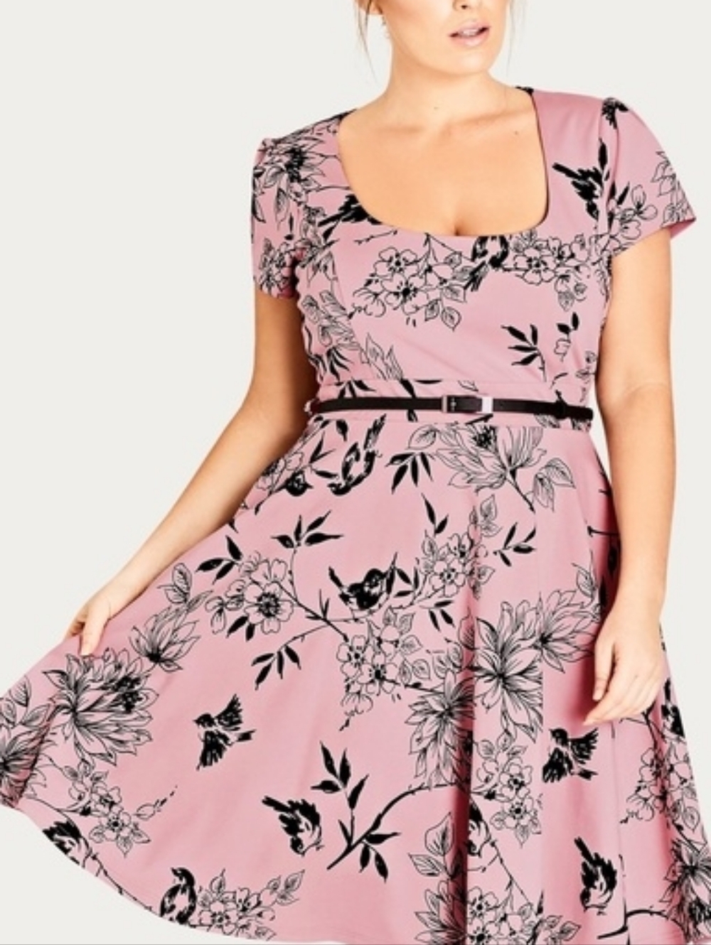 City Chic - Pale Pink Floral Fit & Flare Midi Dress